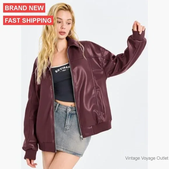 Oversized Faux Leather Bomber Jacket Zip Up Moto Biker Coat